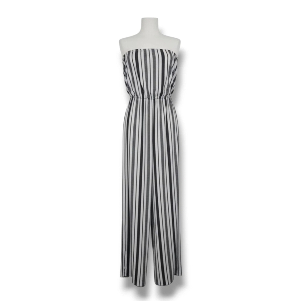 Lani Women’s Black & White Striped Strapless Wide-Leg Jumpsuit – Size Small